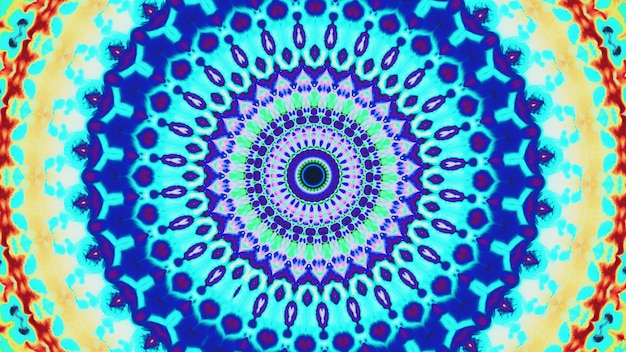 Ornamento de caleidoscopio redondo mandala cian azul naranja rojo color claro círculo geométrico simétrico