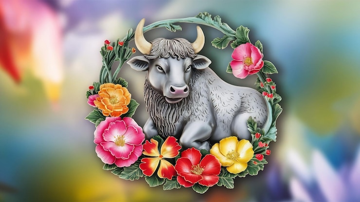 Foto ornamento chinês de boi e flores