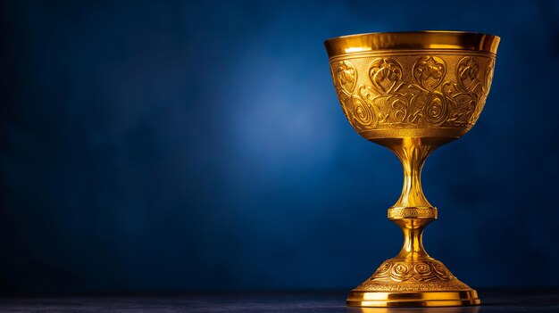 Foto ornamento de cálice dourado contra um fundo azul escuro com um brilho sutil