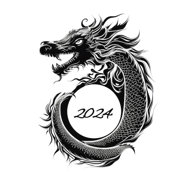 Ornamento de Dragão Tatuagem de Draco Chinês Minimal Fantasy Dragão Isolado Ano Novo 2024 Símbolo Ilustração Generativa de IA