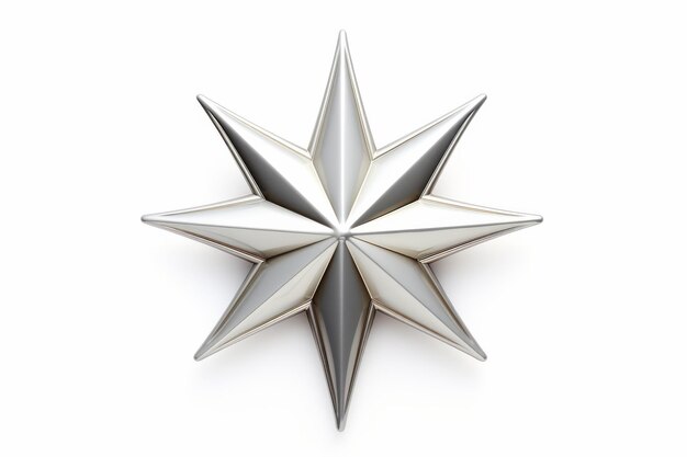 Ornamento de estrela de metal prateado brilhante em fundo branco em uma superfície branca ou clara PNG fundo transparente