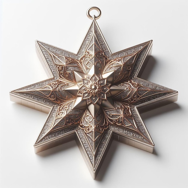Ornamento de estrelas renderizado em 3D com acabamento metálico para decoração do Ramadan em fundo branco