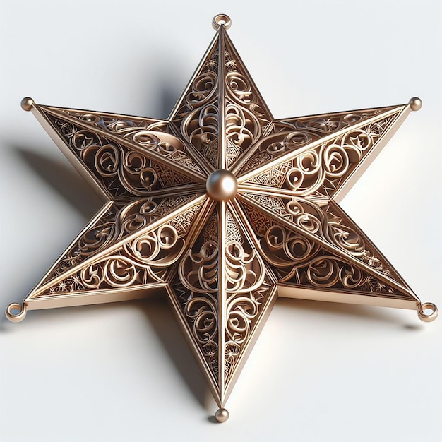 Ornamento de estrelas renderizado em 3D com acabamento metálico para decoração do Ramadan em fundo branco