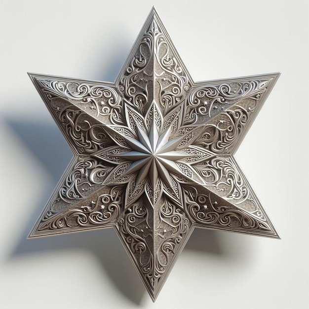 Ornamento de estrelas renderizado em 3D com acabamento metálico para decoração do Ramadan em fundo branco