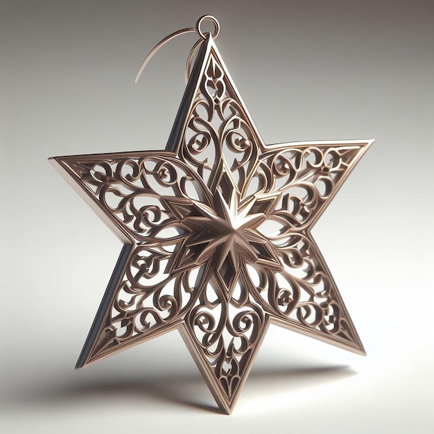 Ornamento de estrelas renderizado em 3D com acabamento metálico para decoração do Ramadan em fundo branco