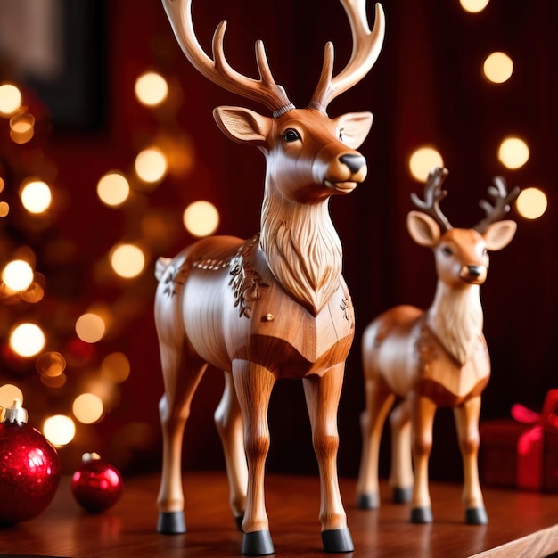 Ornamento de Natal tradicional de renas esculpidas em madeira com detalhes e esculturas intrincados