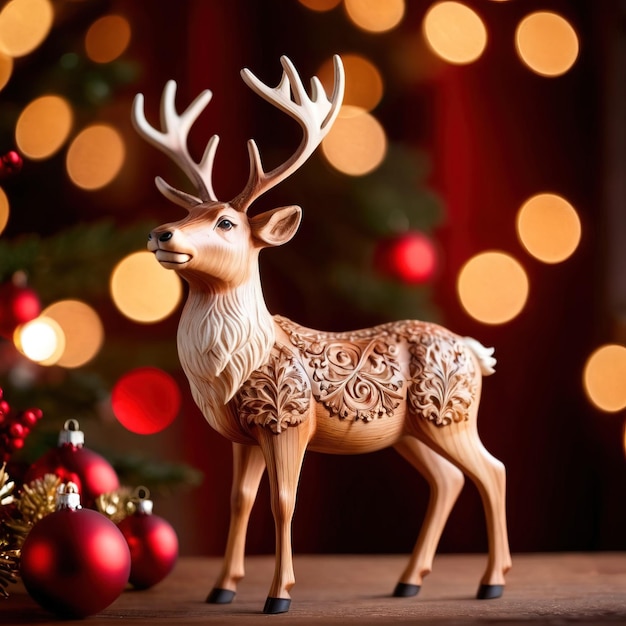 Ornamento de Natal tradicional de renas esculpidas em madeira com detalhes e esculturas intrincados