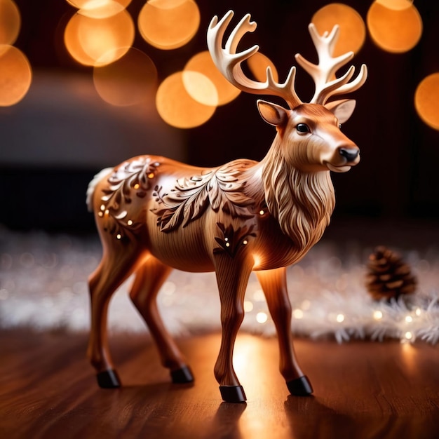 Ornamento de Natal tradicional de renas esculpidas em madeira com detalhes e esculturas intrincados