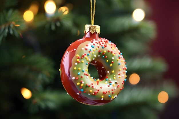 Ornamento de rosquinha de árvore de Natal com fundo bokeh