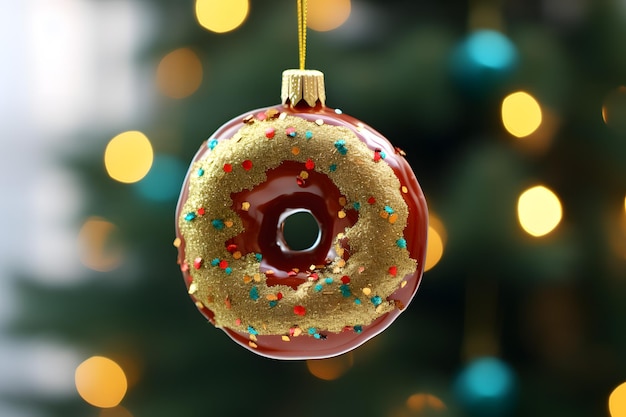 Ornamento de rosquinha de árvore de Natal com fundo bokeh
