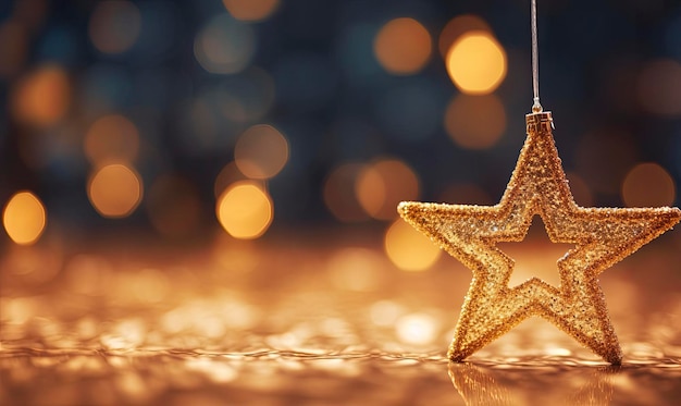 Ornamento de estrella de Navidad dorada brillante Decoración de Bokeh desenfocado Fondo