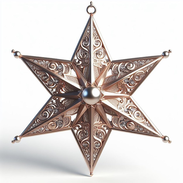 Ornamento de estrellas renderizado en 3D con acabado metálico para la decoración del Ramadán en un fondo blanco