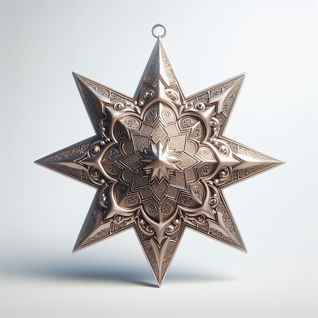 Ornamento de estrellas renderizado en 3D con acabado metálico para la decoración del Ramadán en un fondo blanco