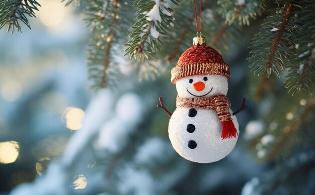 Foto ornamento festivo de boneco de neve para sua árvore de natal