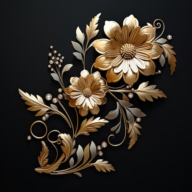 Ornamento floral dourado com flores e folhas em fundo preto Ilustração vetorial