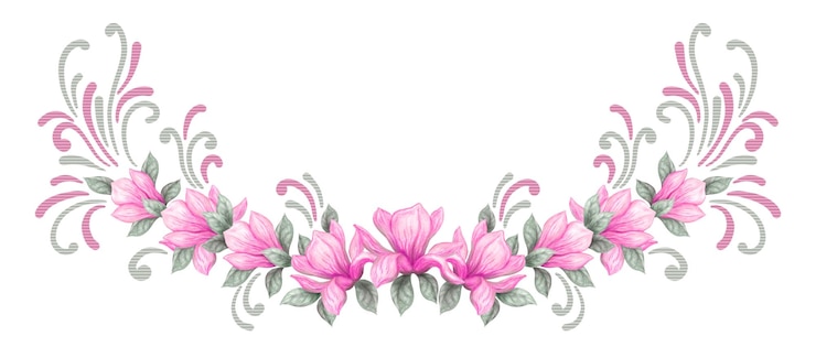 Foto ornamento floral de magnolia de primavera pintura dibujada a mano acuarela lápices y pinturas flores de magnalia rosadas