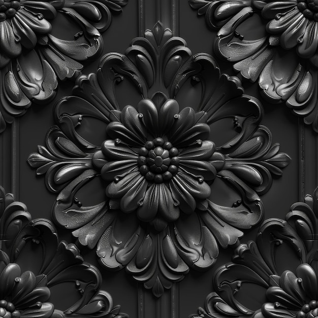 Ornamento de flores negras patrón sin costuras sin fin tallado floral 3d ornamento de flores oscuras azulejos