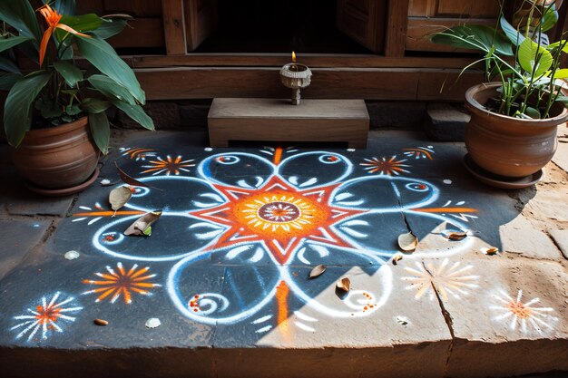 Foto ornamento indiano oriental rangoli na frente da casa ugadi ou gudi padwa celebração