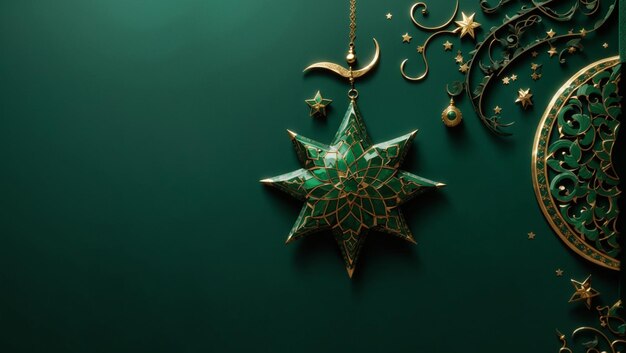 ornamento islâmico estrela e crescente sobre fundo verde escuro pano de fundo com espaço de cópia