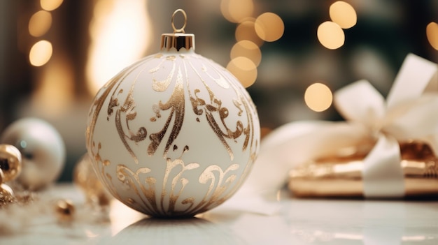 Ornamento de Navidad blanco y dorado en la mesa