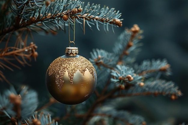 Un ornamento de Navidad dorado colgado en un árbol de alta calidad de alta resolución