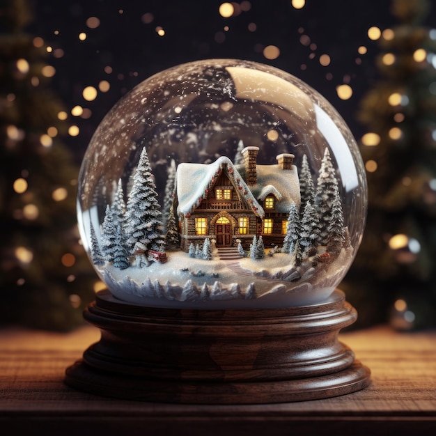 Ornamento de Navidad en un enorme globo de nieve con una casa en el interior