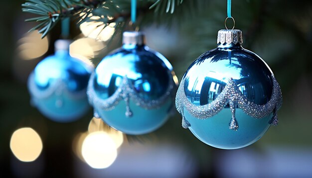 Ornamento navideño colgado en un árbol de Navidad brillante generado por IA