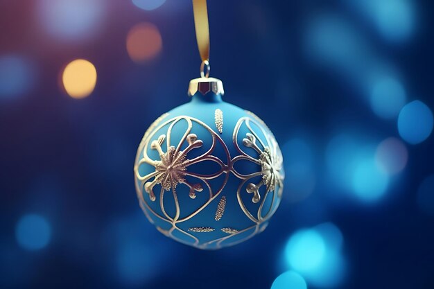 Foto ornamento navideño con luces de cuerda en fondo azul