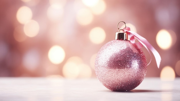 Ornamento navideño rosado brillante con una delicada cinta sobre un fondo cálido y brillante