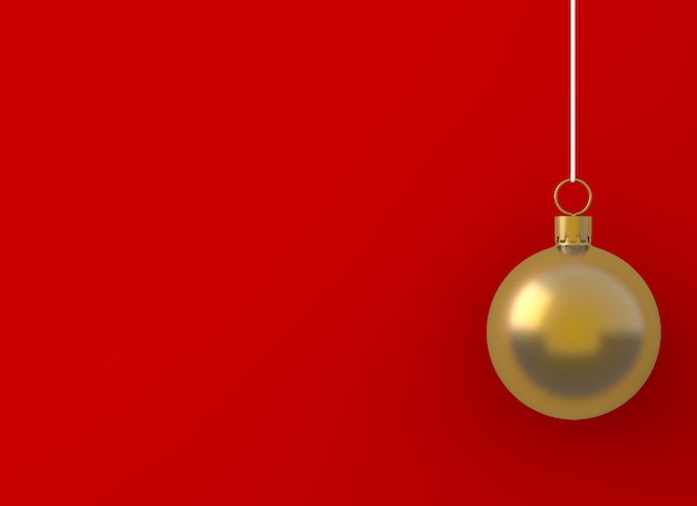 Foto ornamento de oro de la bola de la navidad que cuelga en fondo rojo. año nuevo. concepto minimalista