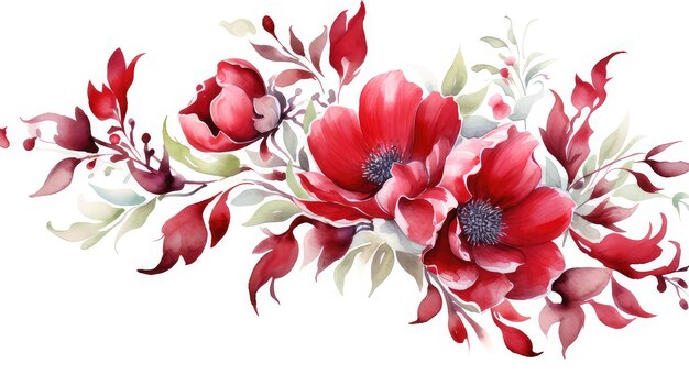 Ornamento de pintura roja con acuarela de flores para la plantilla de invitación de boda