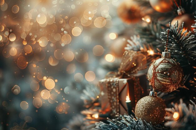 un ornamento rojo en la nieve con luces de Navidad en el fondo