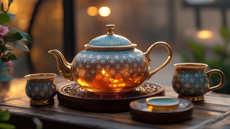 Ornamento de teal y té dorado en una mesa de madera cálida por la noche elementos florales ligeros en el fondo