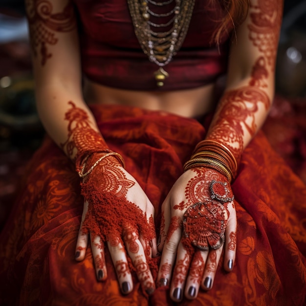 Ornamento tradicional indiano de coração em mãos coloridas por henna e pulseiras de noiva em cores bordeaux