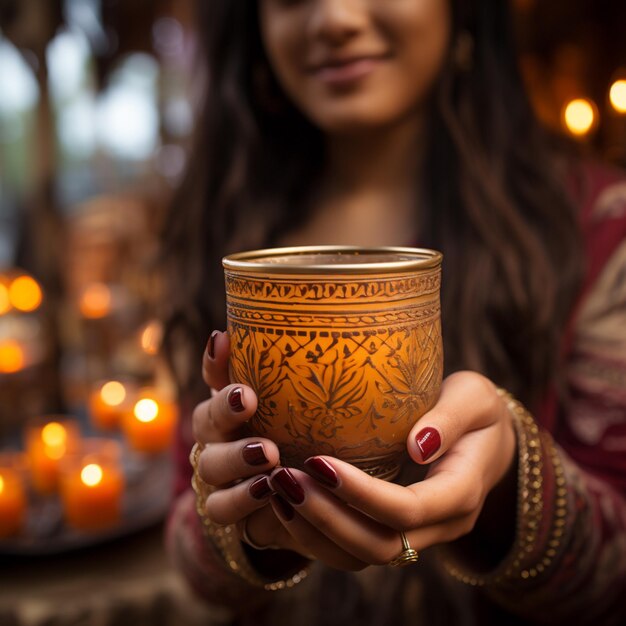 Ornamento tradicional indio de corazón en las manos coloreadas con henna y pulseras de novia en colores bordeaux