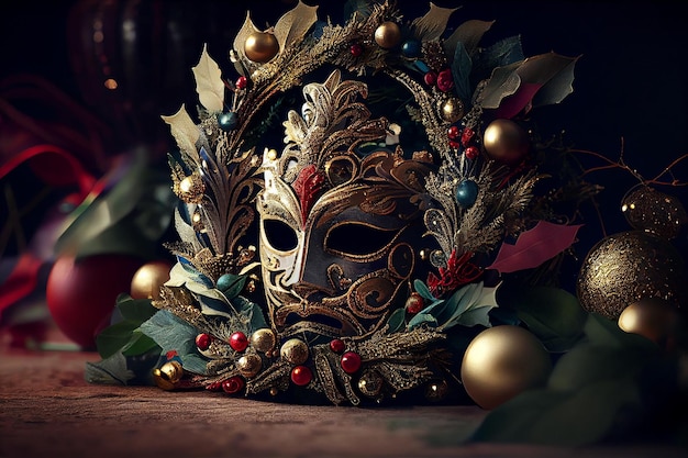 Ornamentos de máscaras de mascarada ramos de abeto baubles fitas e decorações douradas generativo ai