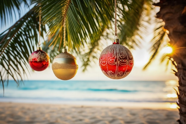 Foto ornamentos de natal brilhando em palmeiras ao longo de uma serena praia tropical