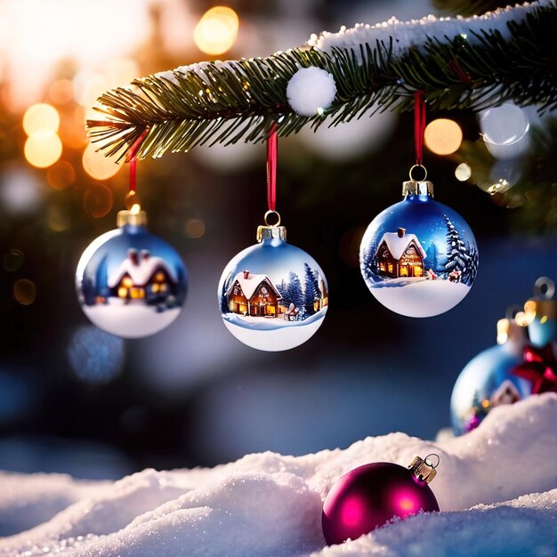 Ornamentos de Natal decorados com esferas de vidro na neve ao ar livre decoração tradicional de férias sazonais