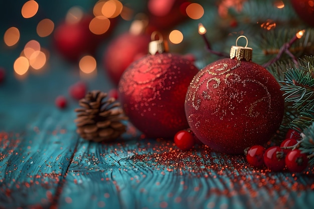 Ornamentos de Natal e cones de pinheiro em uma mesa