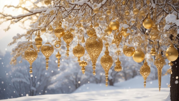 Ornamentos Dourados na Neve