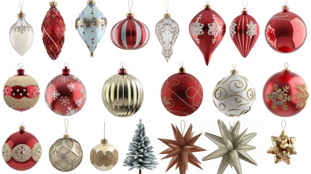 Ornamentos e decorações tradicionais de Natal Clip art em fundo branco Coleção de arranjos festivos