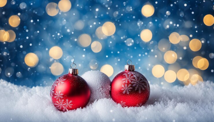Ornamentos de Navidad rojos y blancos en una nieve de invierno