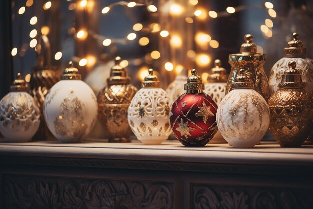 Ornamentos navideños antiguos en un manto