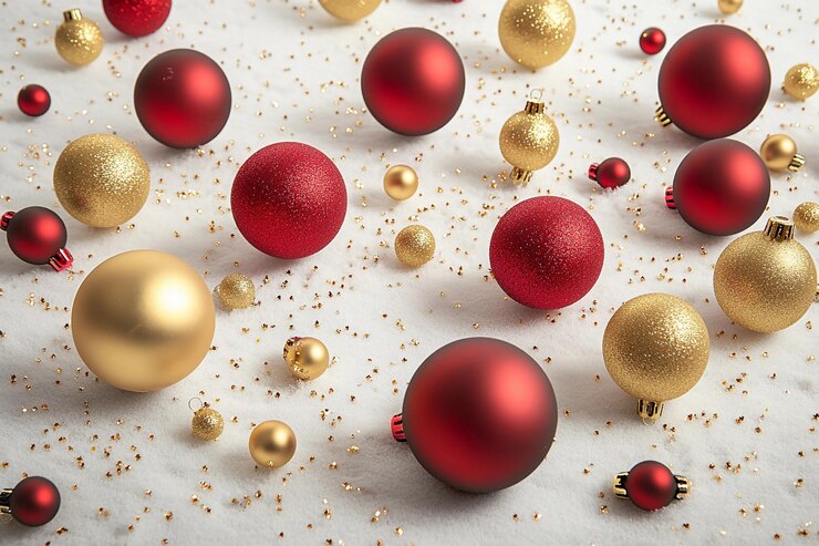 Ornamentos navideños esparcidos sobre una mesa con chispas y decoración festiva IA generativa