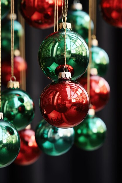 Foto ornamentos navideños festivos colgando de un techo perfectos para decoraciones navideñas