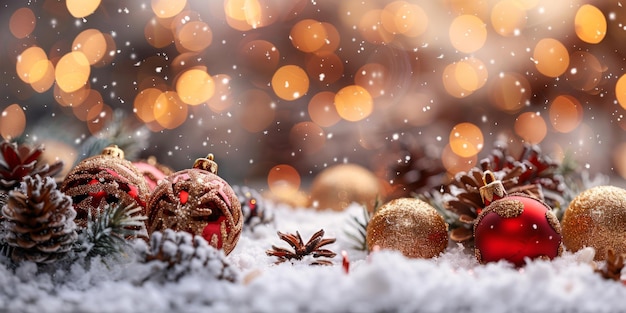 Ornamentos navideños en la nieve con luces borrosas en el fondo