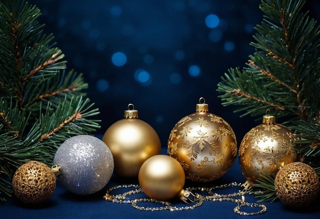 Ornamentos navideños de oro y plata gafas de pino ramas de fondo oscuro luces brillantes bokeh