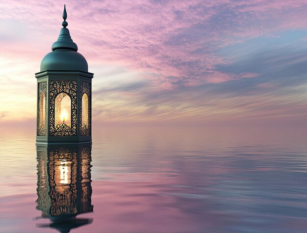 Ornate Lantern Floating on Calm Water at Sunset