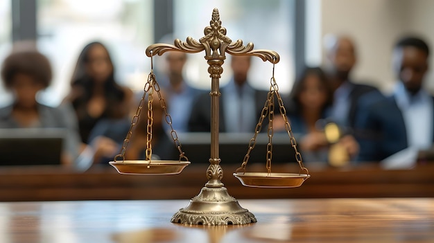 Ornate Scale of Justice en la sala del tribunal con una familia afroamericana para transmitir un sentido de justicia igual