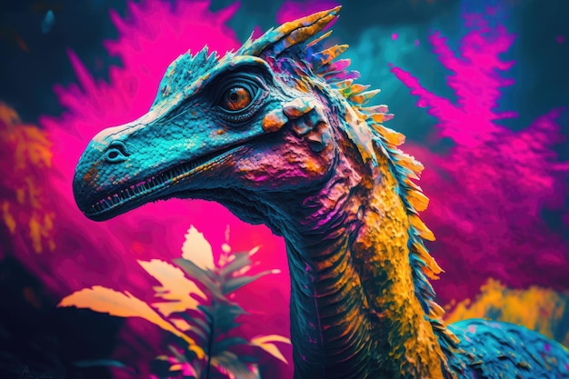 Foto ornithomimus colorido dinosaurio peligroso en la exuberante naturaleza prehistórica por ia generativa